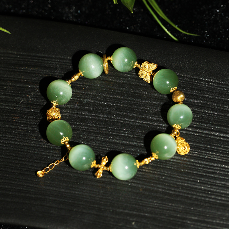 【叶叶珠宝】032和田玉猫眼碧玉圆珠手串+18k金时尚气质卡12