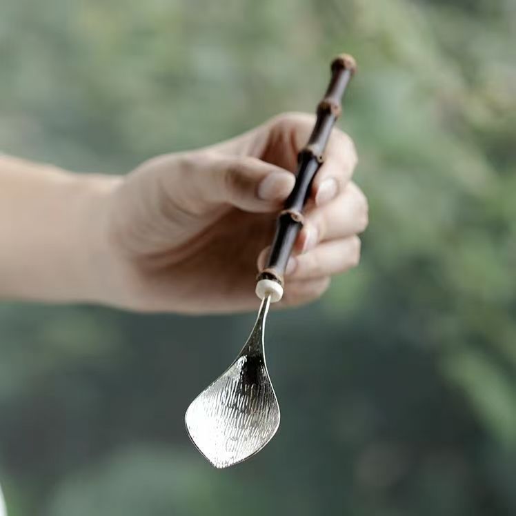 手工复古紫竹柄纯锡茶勺茶则茶铲等取茶工具家用茶艺配件