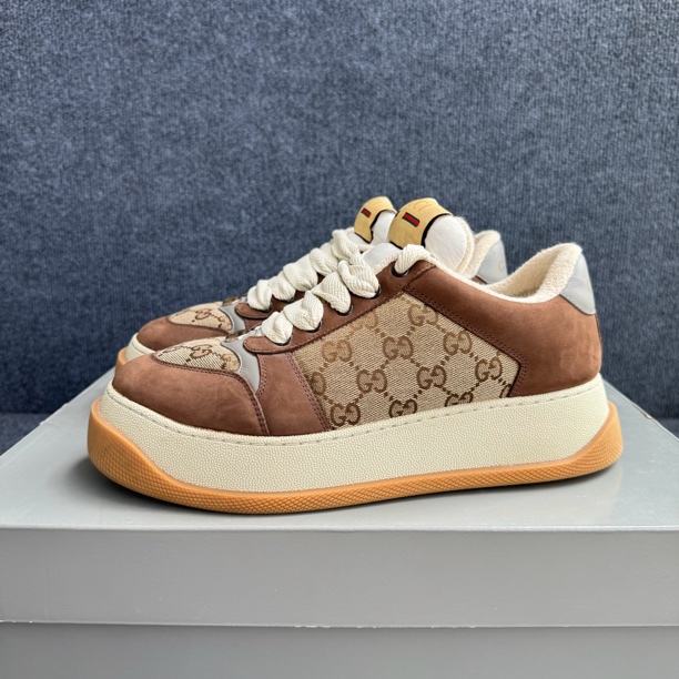 99新 GUCCI/古驰 41.5码 Screener 胖丁 脏脏鞋 棕米色 板鞋