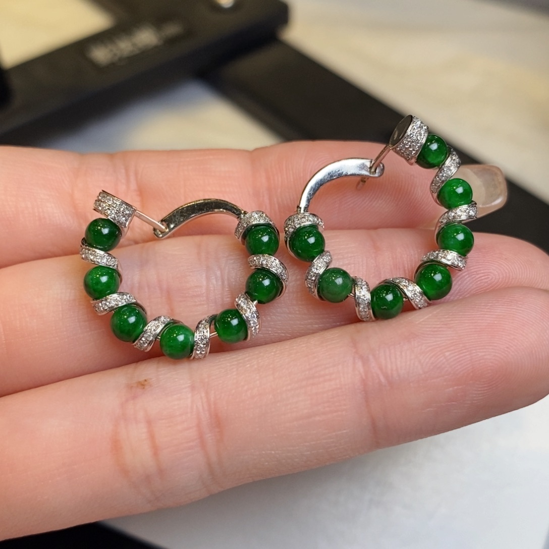 翡翠耳饰18K金镶嵌小米珠