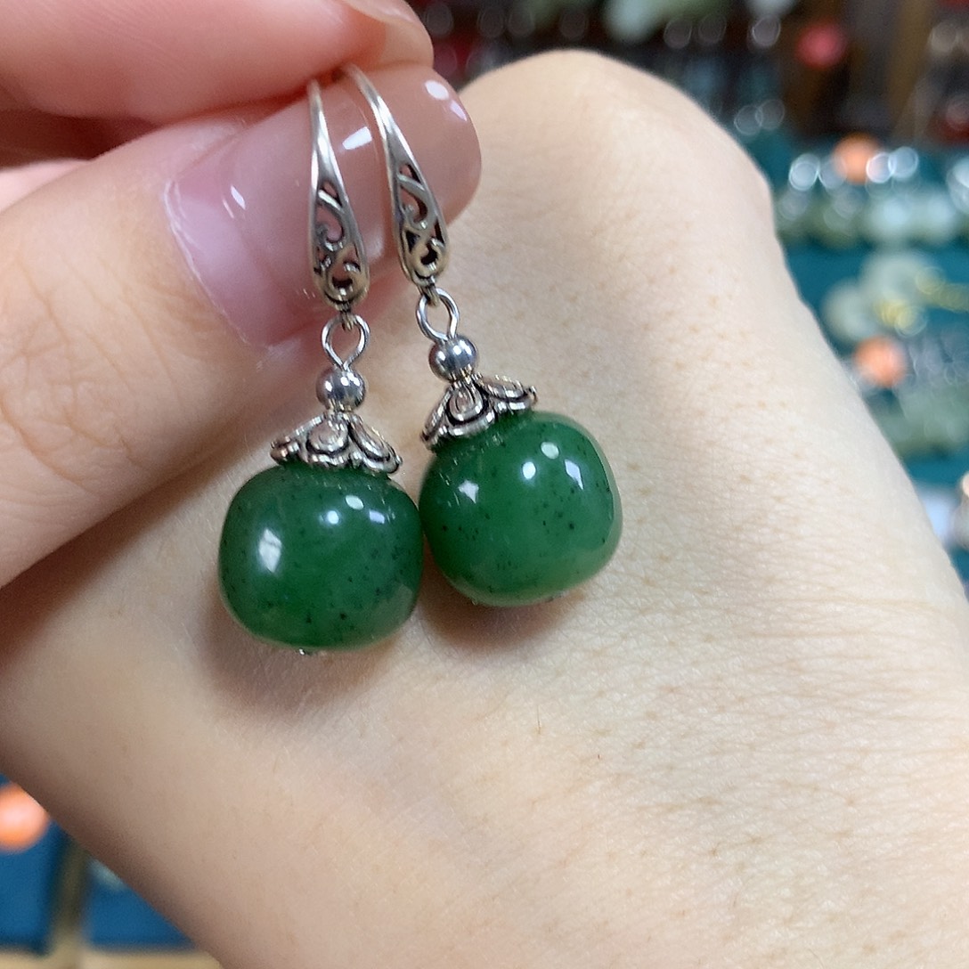 和田玉（碧玉）银S925镶嵌耳饰