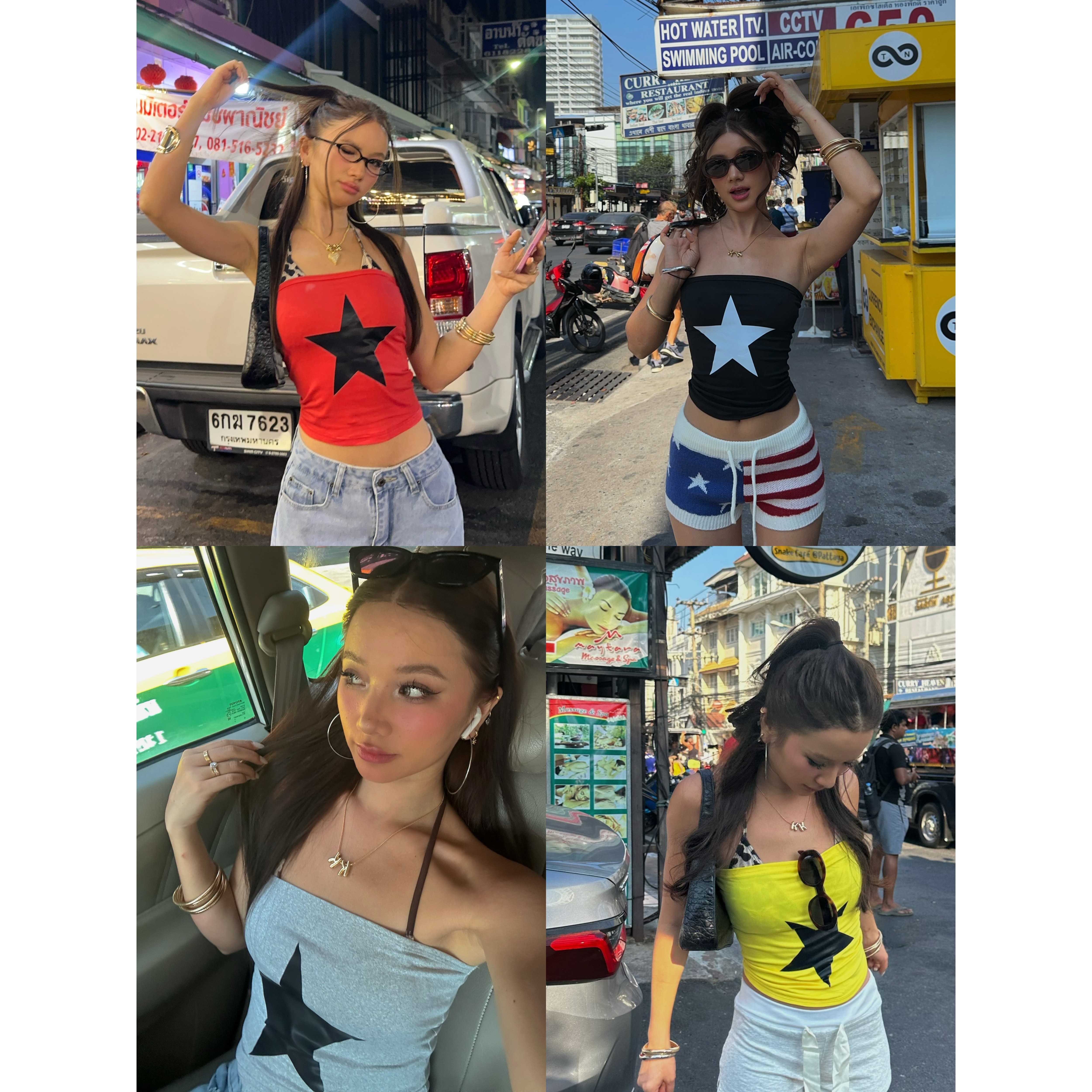 KKSHOP美式街头时髦辣妹撞色星星印花上衣简约百搭修身显瘦抹胸