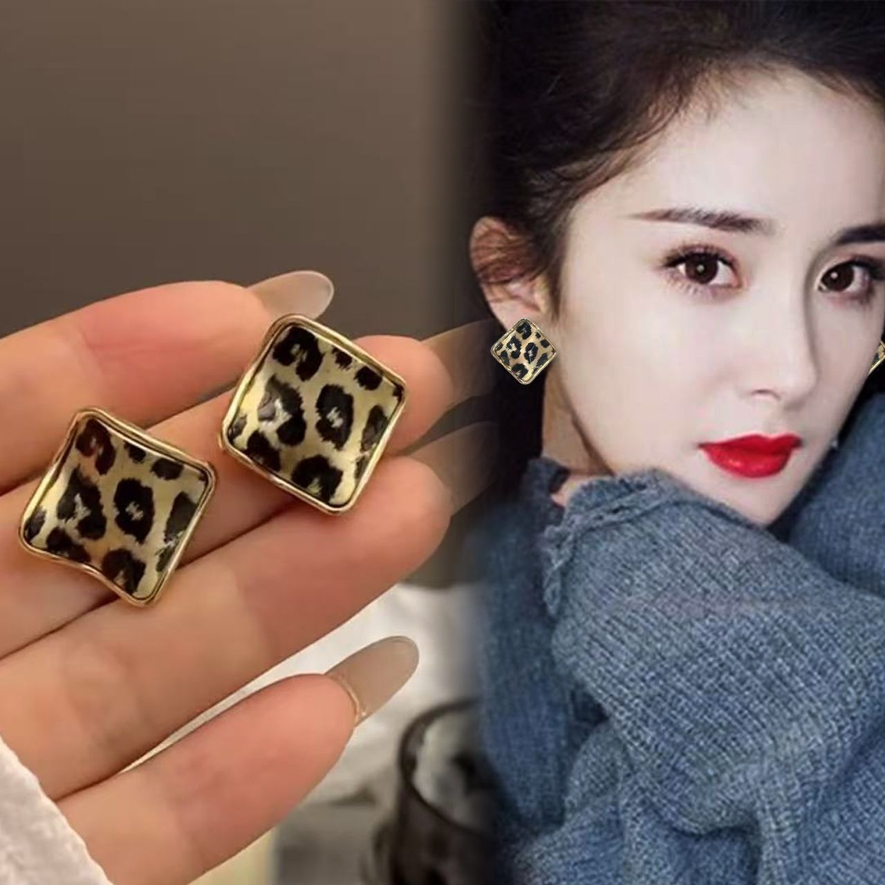 铜合金耳饰 菱形时尚豹纹中古气质个性韩版轻奢耳钉  A04