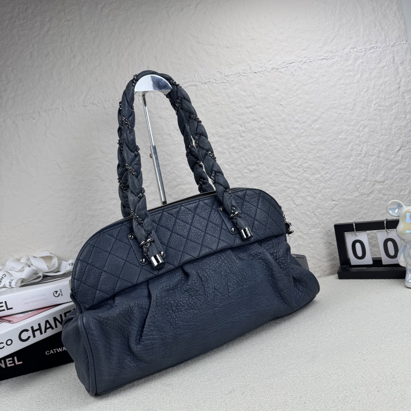 95新 Chanel/香奈儿 深灰色掌纹牛皮麻花辫单肩包 底长45 11开