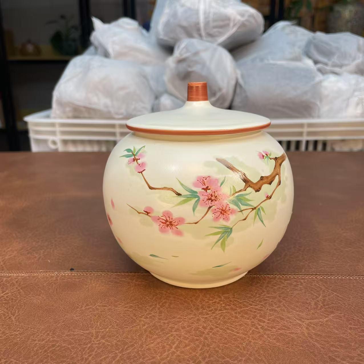 莉火火茶器 汝窑-水点桃花-茶叶罐-5168 （直播专享）