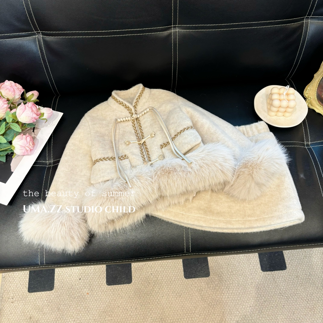 女童套装冬季新款2025冬季百搭加绒加厚小香风外套+半身裙两件套