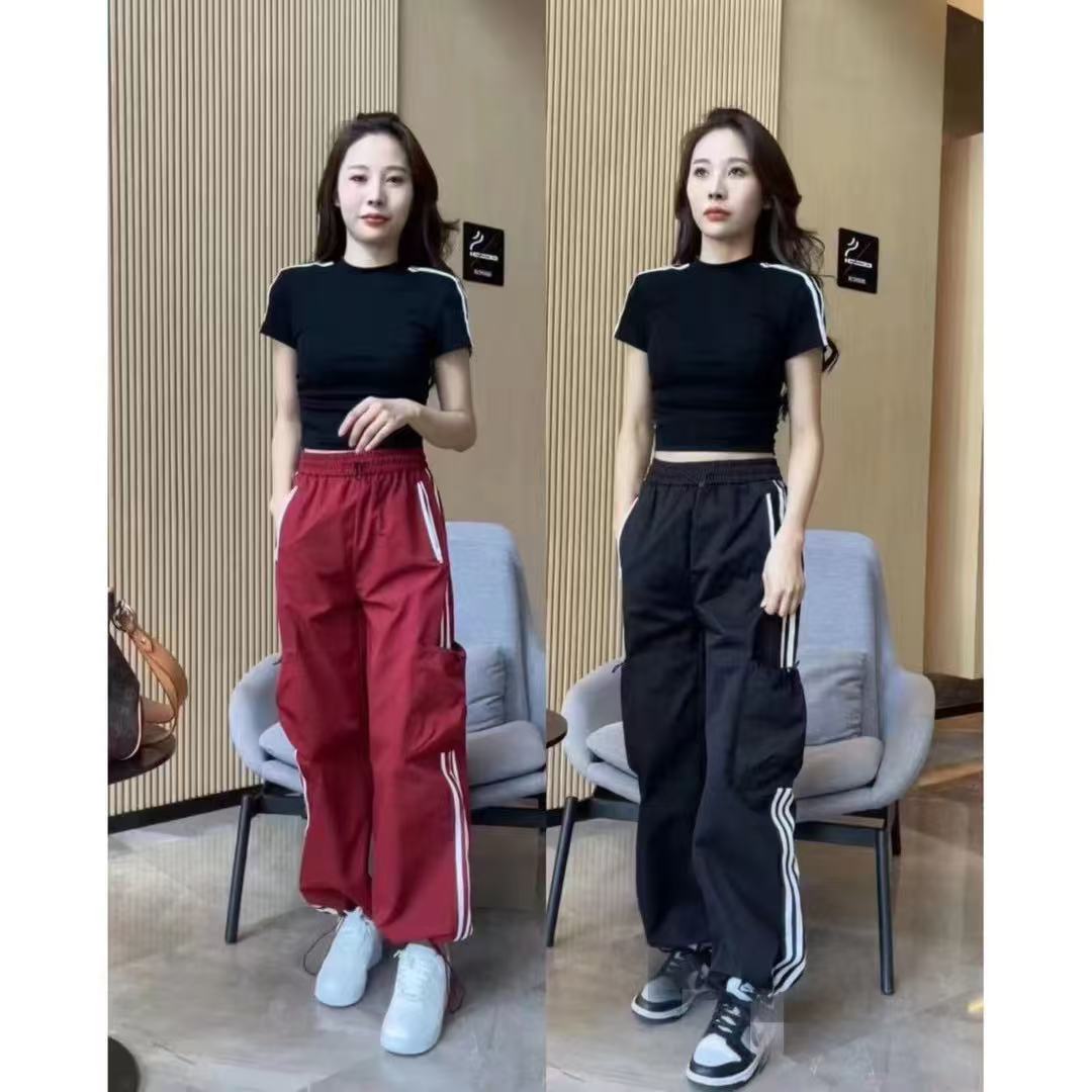 2025夏季新款短款双杠显瘦上衣+运动阔腿工装裤套装女