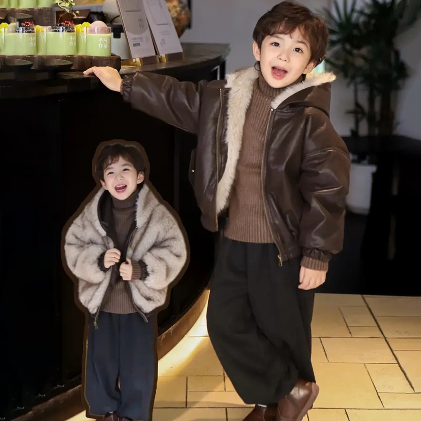 男童加绒皮衣外套冬季2025新款儿童痞帅双面穿棉衣男孩秋冬厚夹克