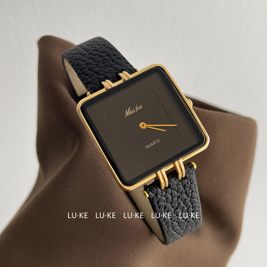 LUKE路可 黑色方形大表盘黑金真皮小众女款手表女高级感石英表681
