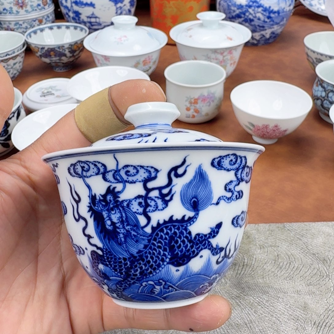 摆件陶福利青花盖碗