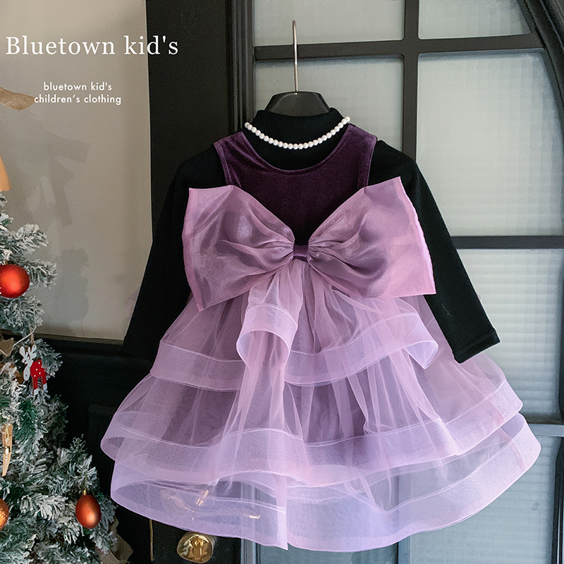 25冬"紫雾云来"女童德绒打底+无袖加绒大蝴蝶结连衣裙X2572