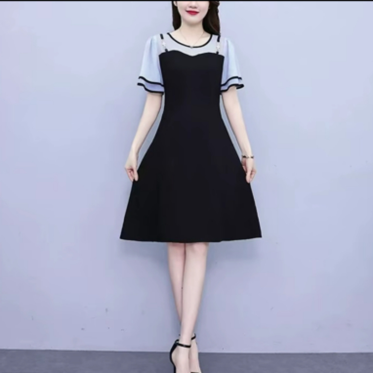H1057蓝黑连衣裙]女士时尚气约潮拼接裙子春秋色牛ssss