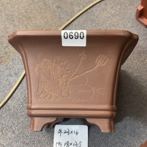 紫砂花盆紫泥刻绘双线四方0690