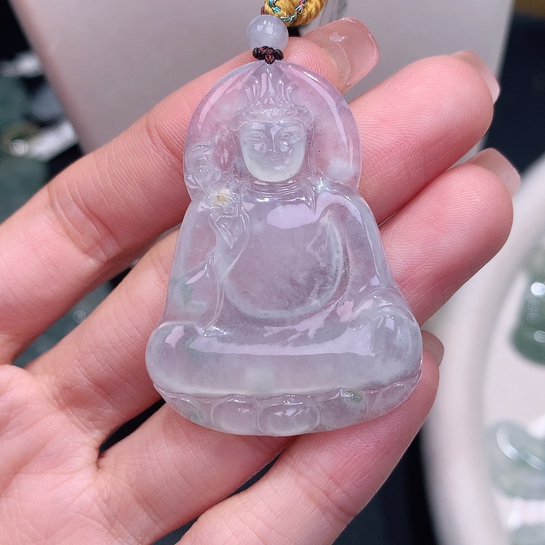 颈饰18K金镶嵌翡翠白冰起胶素衣观音