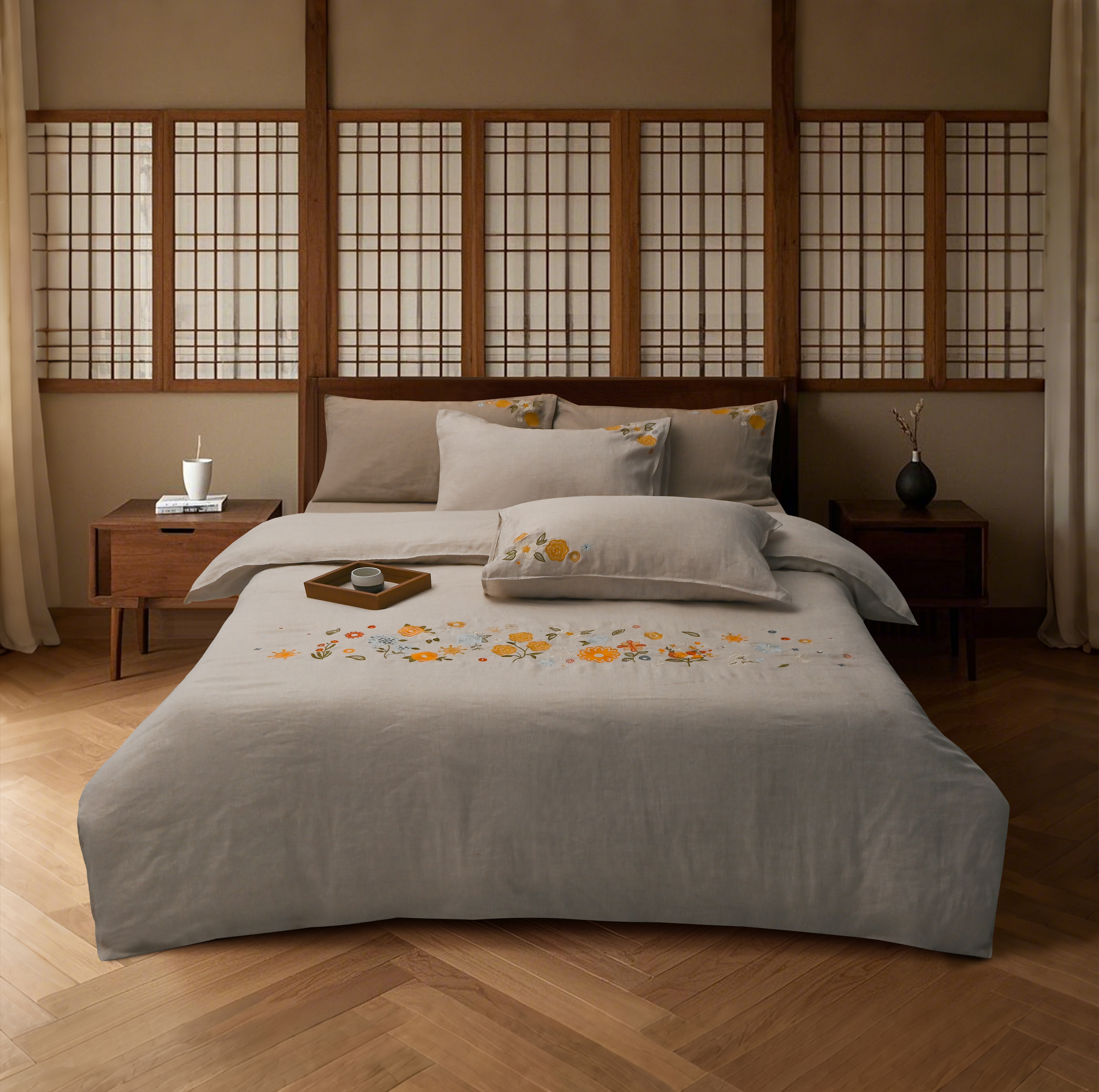 【麻先森-绣颜】100%亚麻四件套点缀精致花卉刺绣天然材质自然舒适