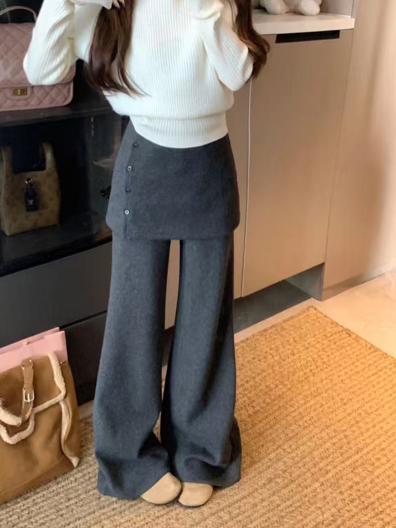2025秋冬新款宽松慵懒毛呢加绒阔腿裤女可拆卸屁帘垂感休闲长裤子