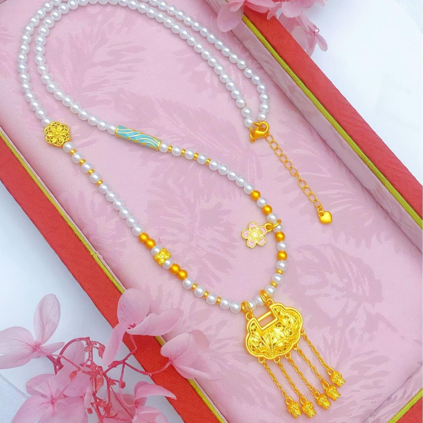 铜合金项链 福牌平安锁吊坠女挂坠礼物古法民族风如意铃铛铃兰花