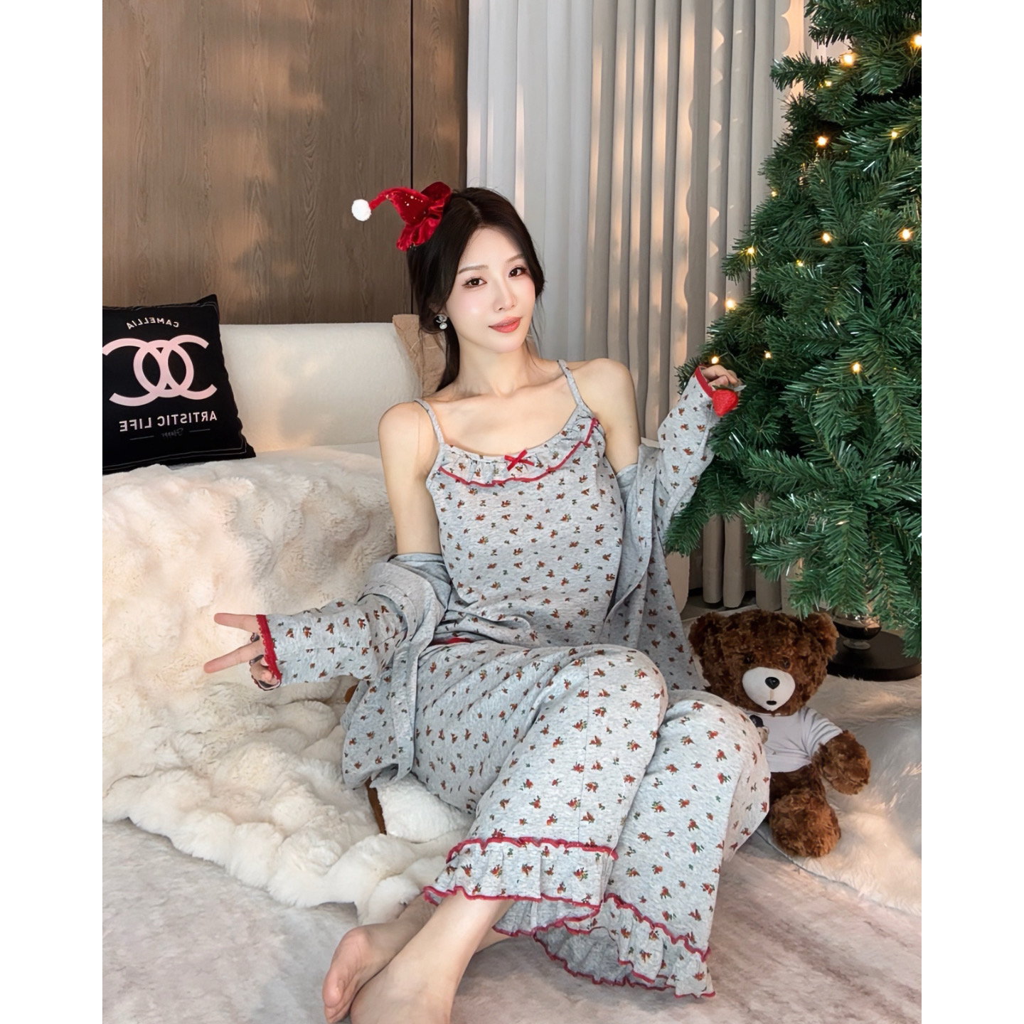 【兔儿家】女春秋季纯棉甜美风长袖可外穿家居服睡衣