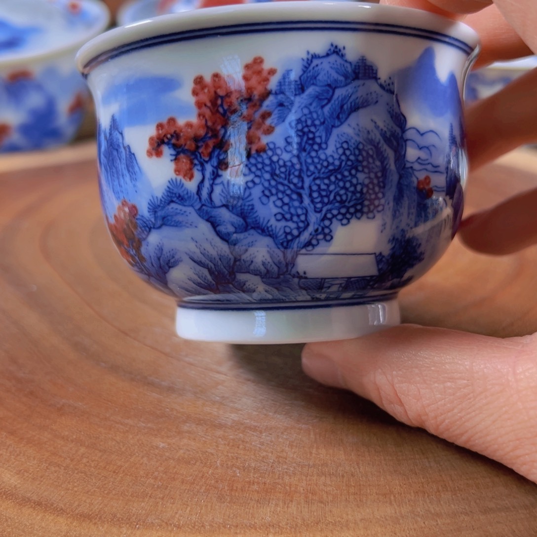 青花釉里红山水炉式杯