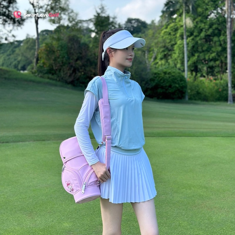 夏季薄款高尔夫女装假两件拼接冰丝长袖透气防晒运动裙子百褶裙女