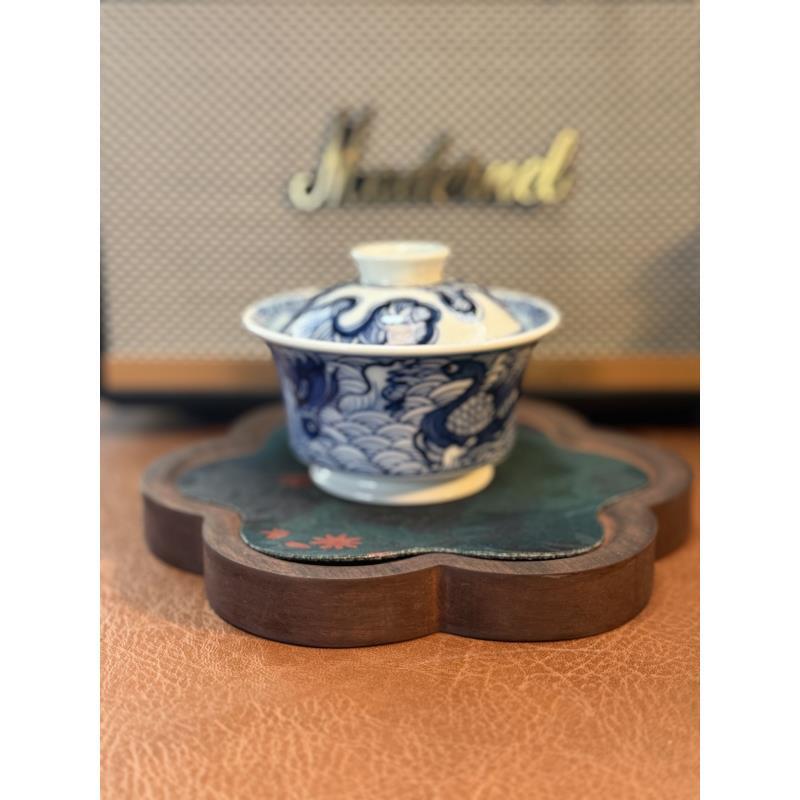 A138【蜕观堂】景德镇手工手绘青花鸳鸯戏水马蹄盖碗  90ml