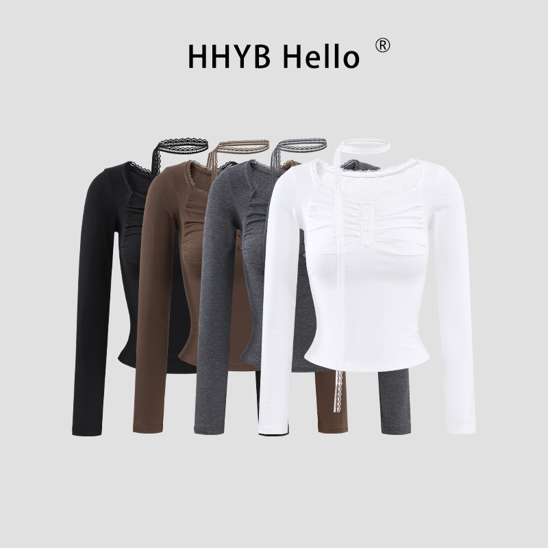 HHYB Hello纯欲风设计感蕾丝边带飘带弹力修身长袖T恤女251055