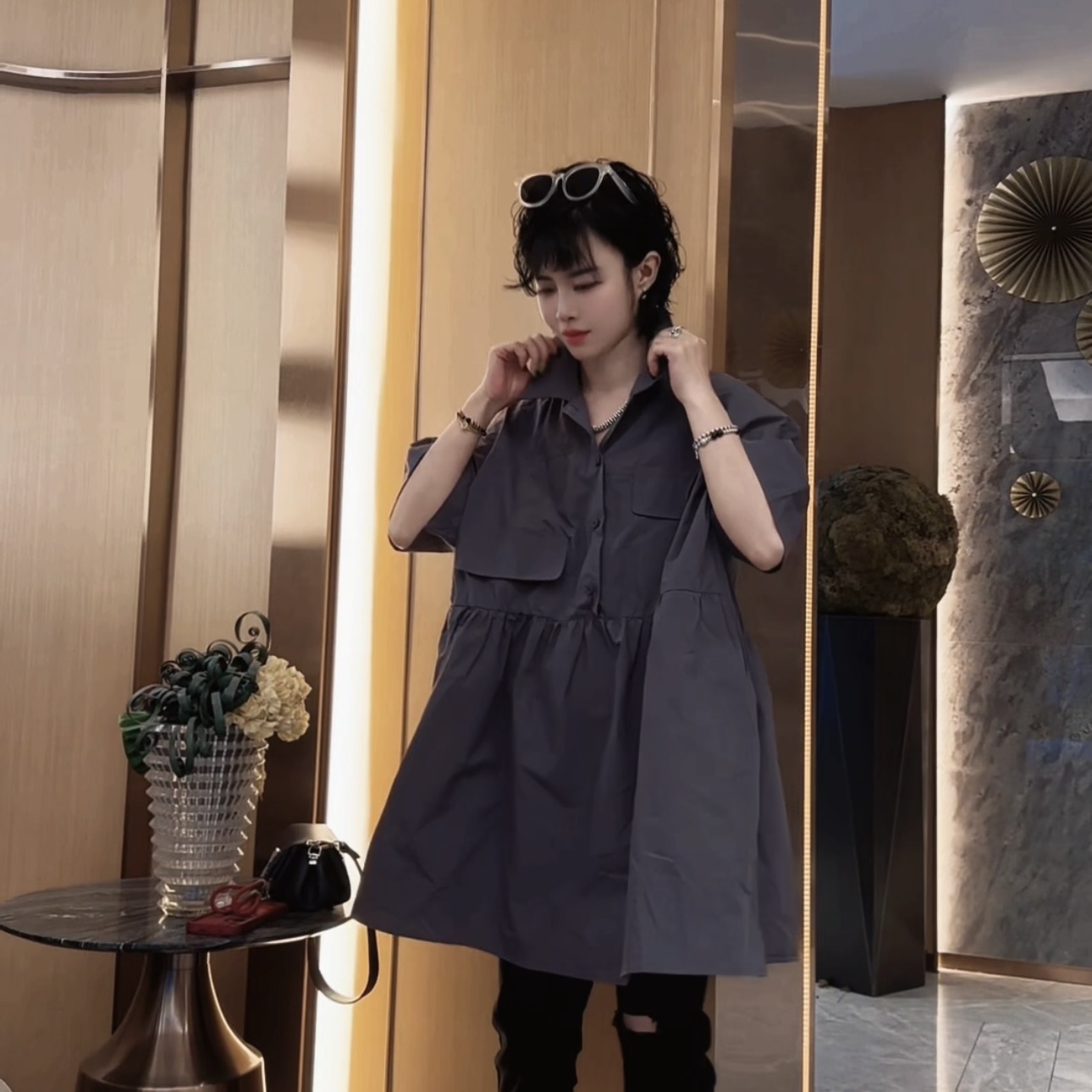 【芬芬姐精选】衬衫领套头中长裙短袖连衣裙显瘦时尚收腰小众1731