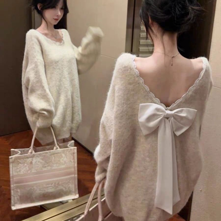 外穿秋冬毛针织衫蝴蝶结针织蝴蝶套头冬季长袖打底