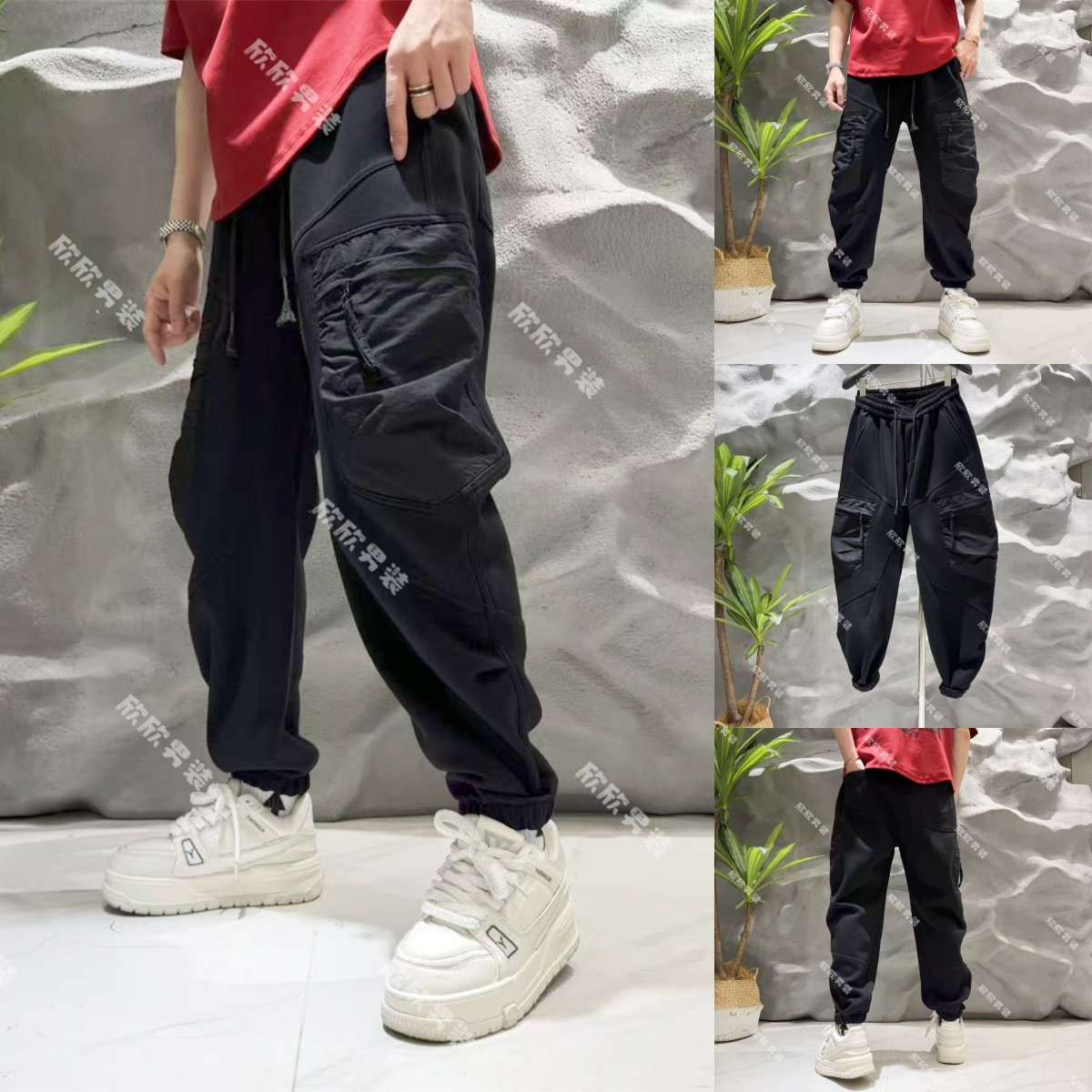 潮牌加厚水洗做旧大口袋弯刀束脚裤