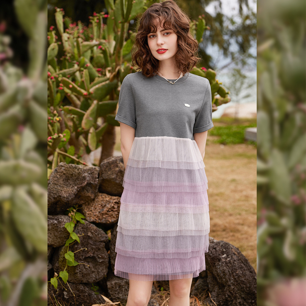 【小铃铛】白鹿语渐变百褶网纱拼接连衣裙圆领直筒裙HU20072