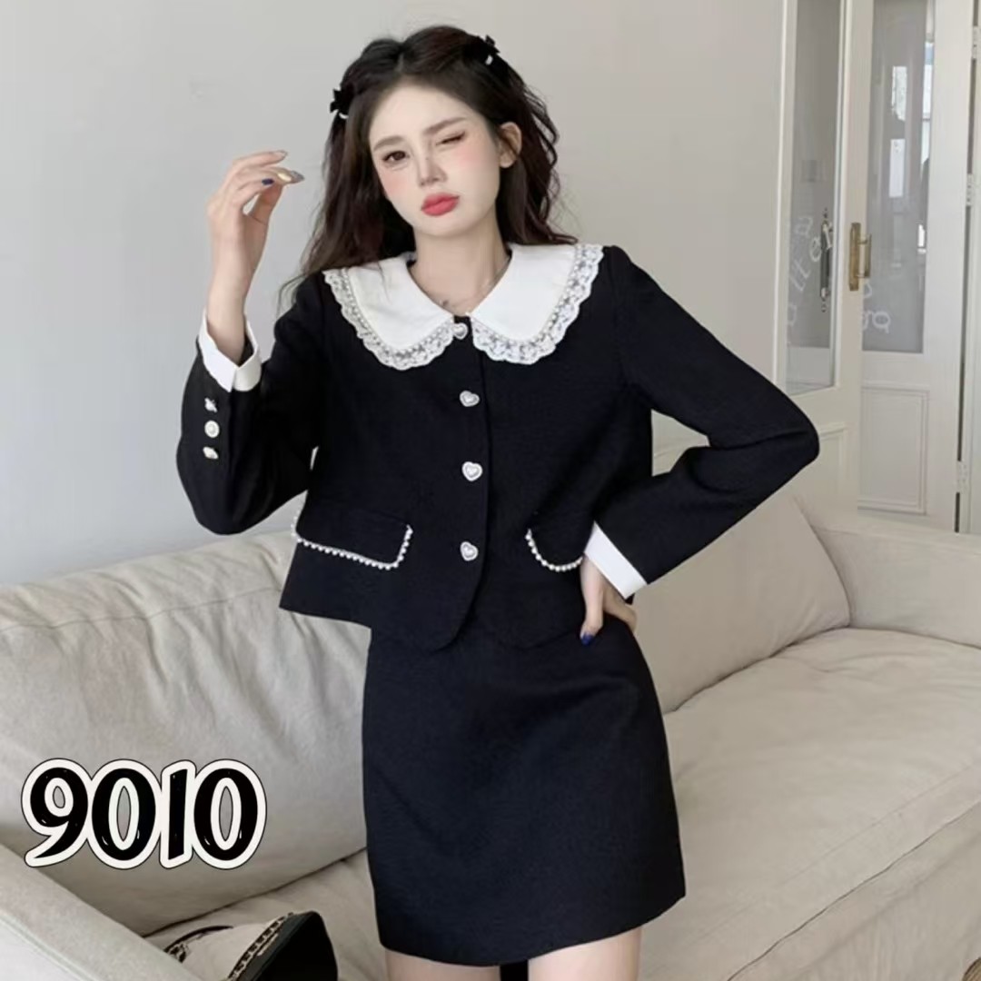 法式名媛小香风外套高腰半身裙两件套大码时尚黑色西服套装