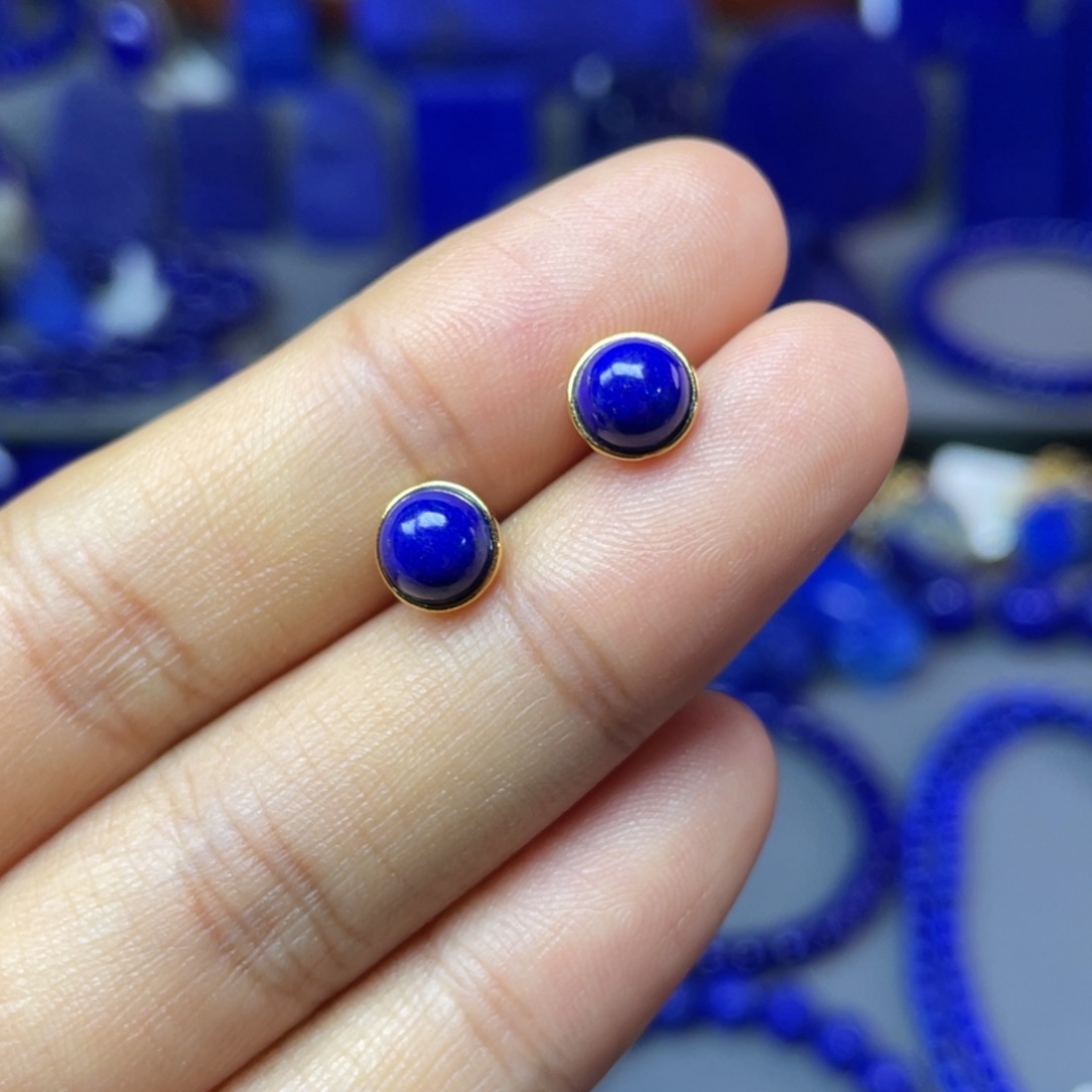 青金石银S925镀金镶嵌7mm耳饰