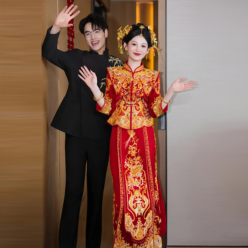 龙凤褂嫁衣新娘结婚秀禾服婚服2025新款披肩旗袍显瘦嫁衣出阁重工