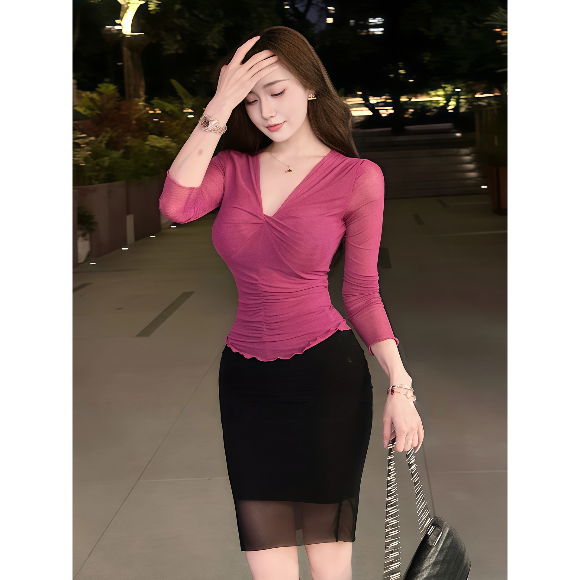 辣妹纯欲V领长袖T恤上衣女2025早秋新款修身显瘦包臀裙半身裙套装