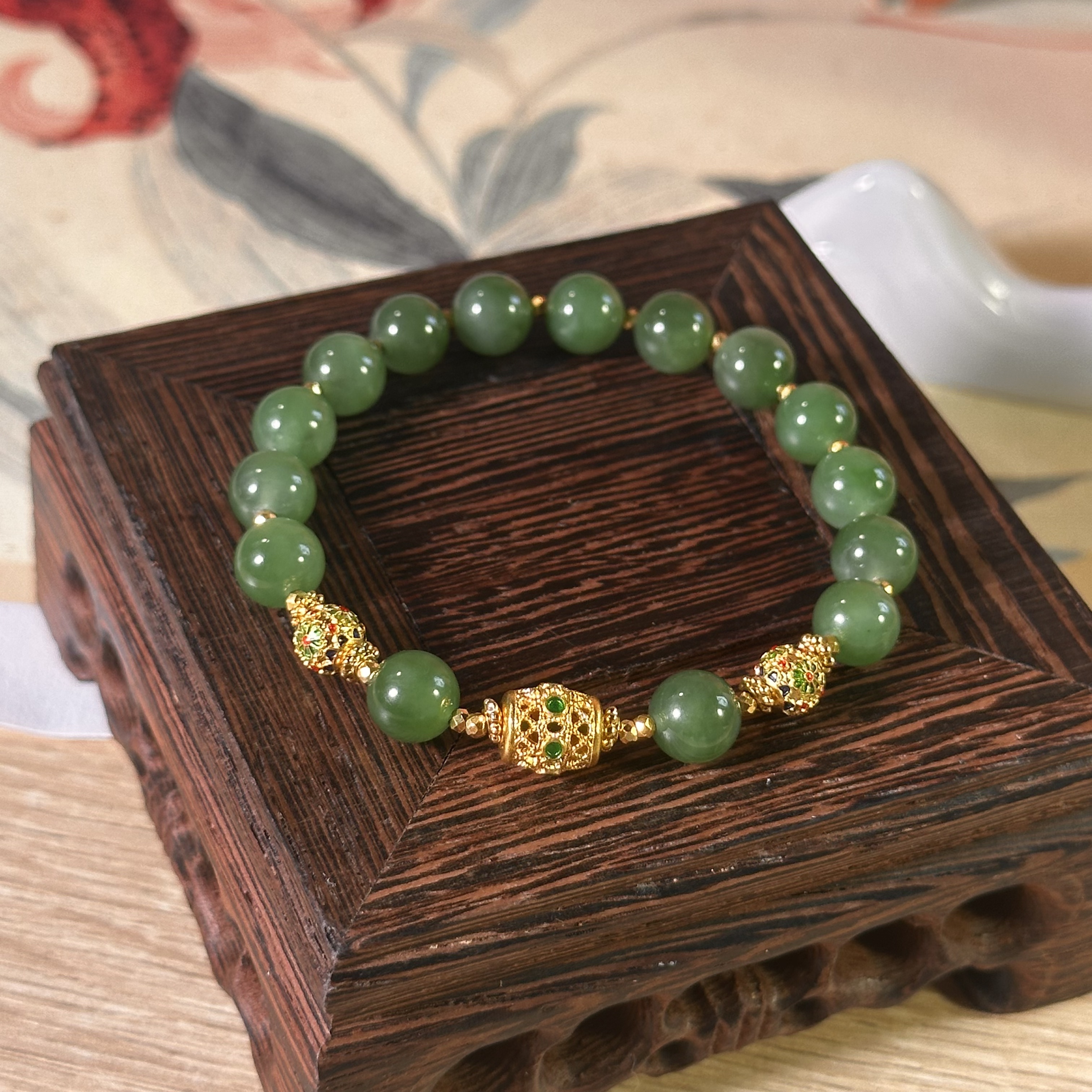 【菲菲】爱一  足金999黄金 碧色蹦迪隔珠珐琅花丝手串/J1