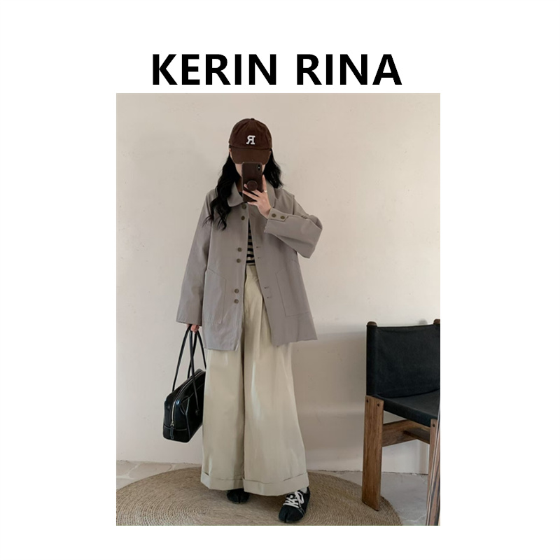 Kerin{格子袖口}--25简约复古翻领排扣宽松休闲风衣