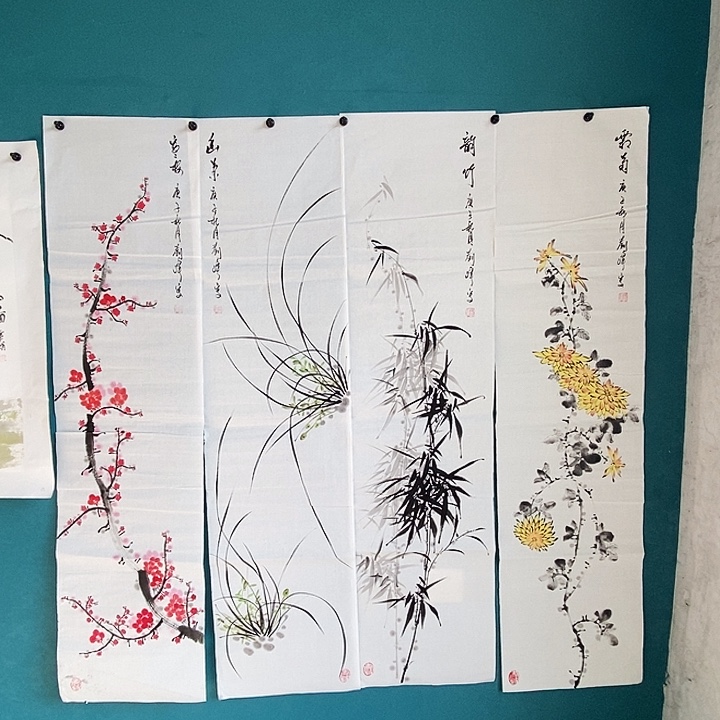 国画四尺对开手绘花鸟四条屏