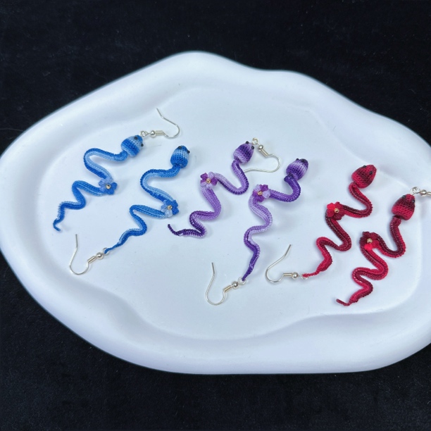 非金属布艺耳饰 【微钩成品】蕾丝线小巴蛇耳饰手工微钩手作