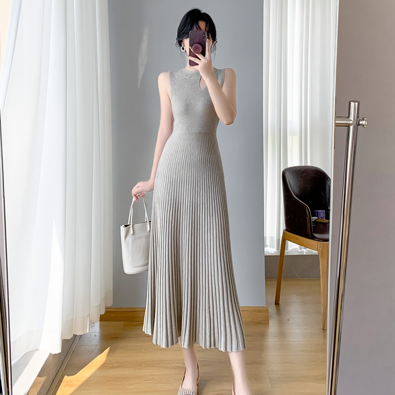 编码【800-899】韩版宽松连衣裙百褶裙外穿过膝无袖法式风气质长裙