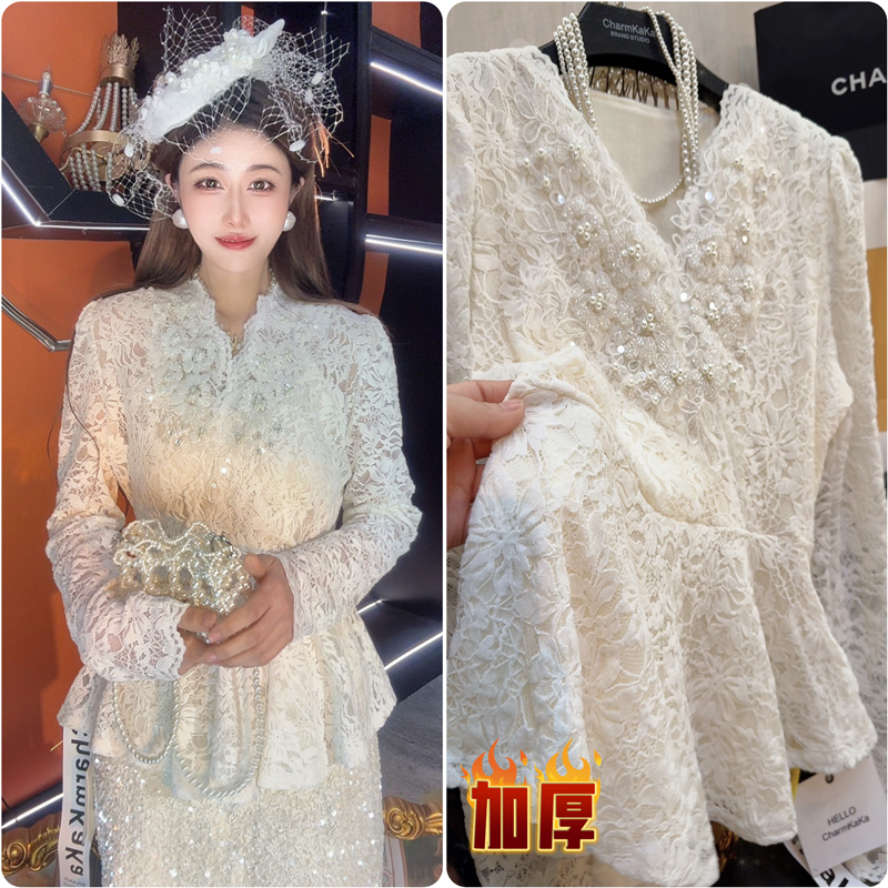 【折一枝雪】63450植绒钩花V领珍珠花朵加绒蕾丝衫大码胖MM