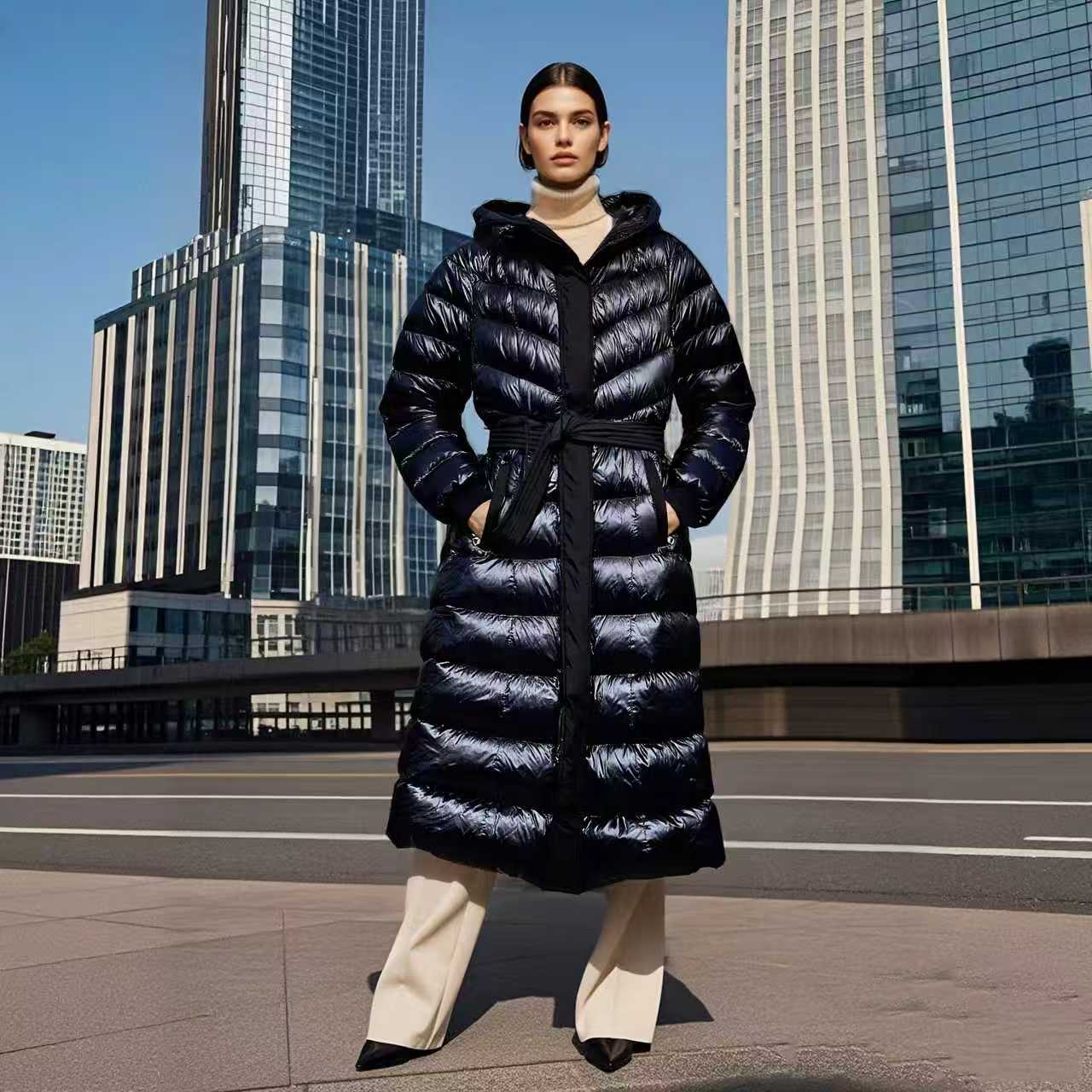 女士休闲商务通勤时尚潮流百搭保暖连帽中长款风衣羽绒服7666