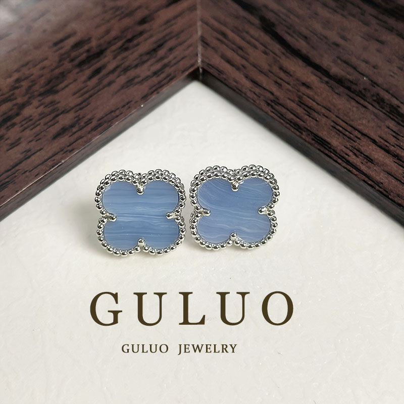 合金耳饰 GULUO 银边紫色四叶花耳钉