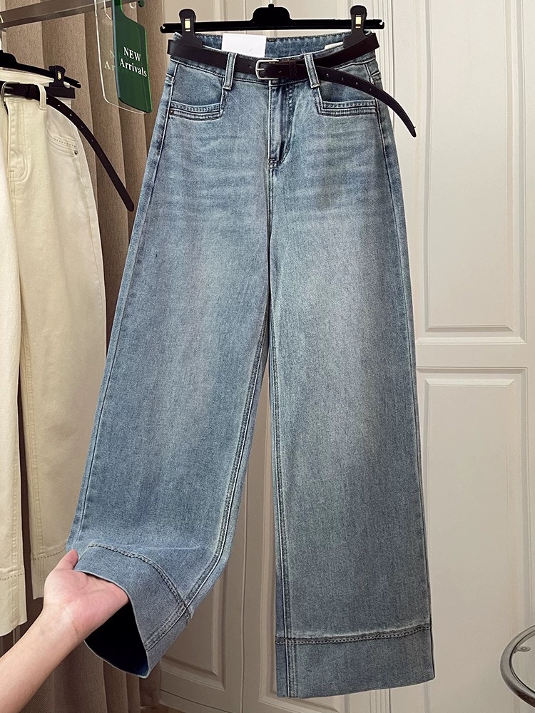 春款阔腿牛仔裤女2025年春季新款宽松高腰小个子显瘦直筒九分裤  