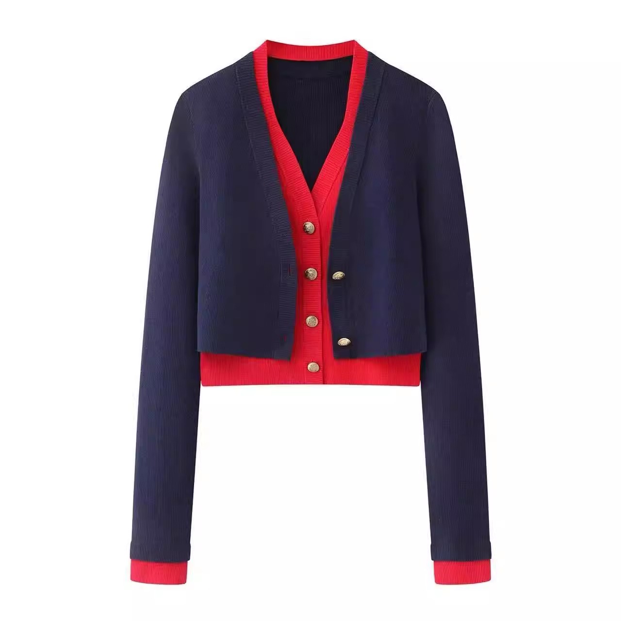 艾家商场同款2026春新款短款V领小香风假两件针织开衫女8132/1144