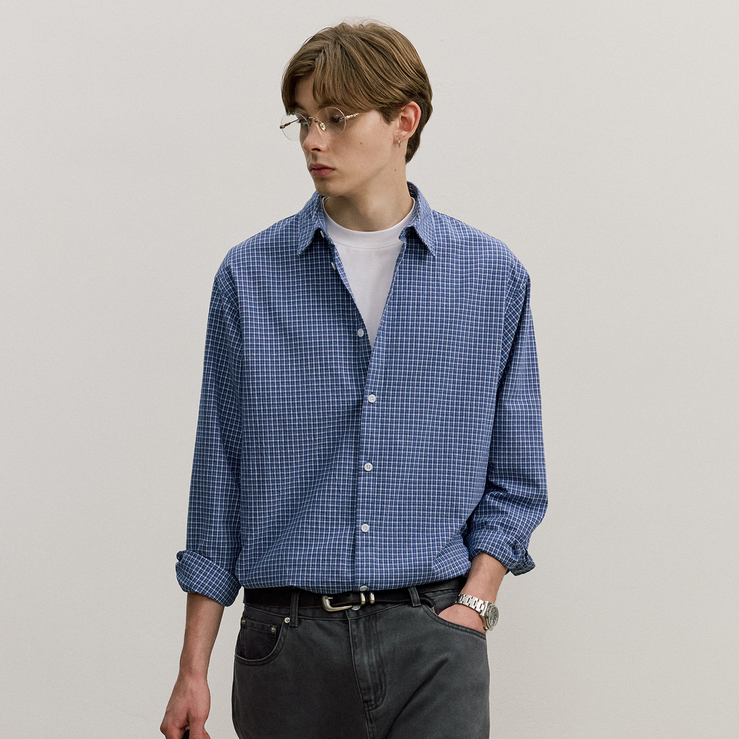 VMCL高级感色织细格纹宽松休闲纯棉蓝色格子衬衫男25AW vermicell