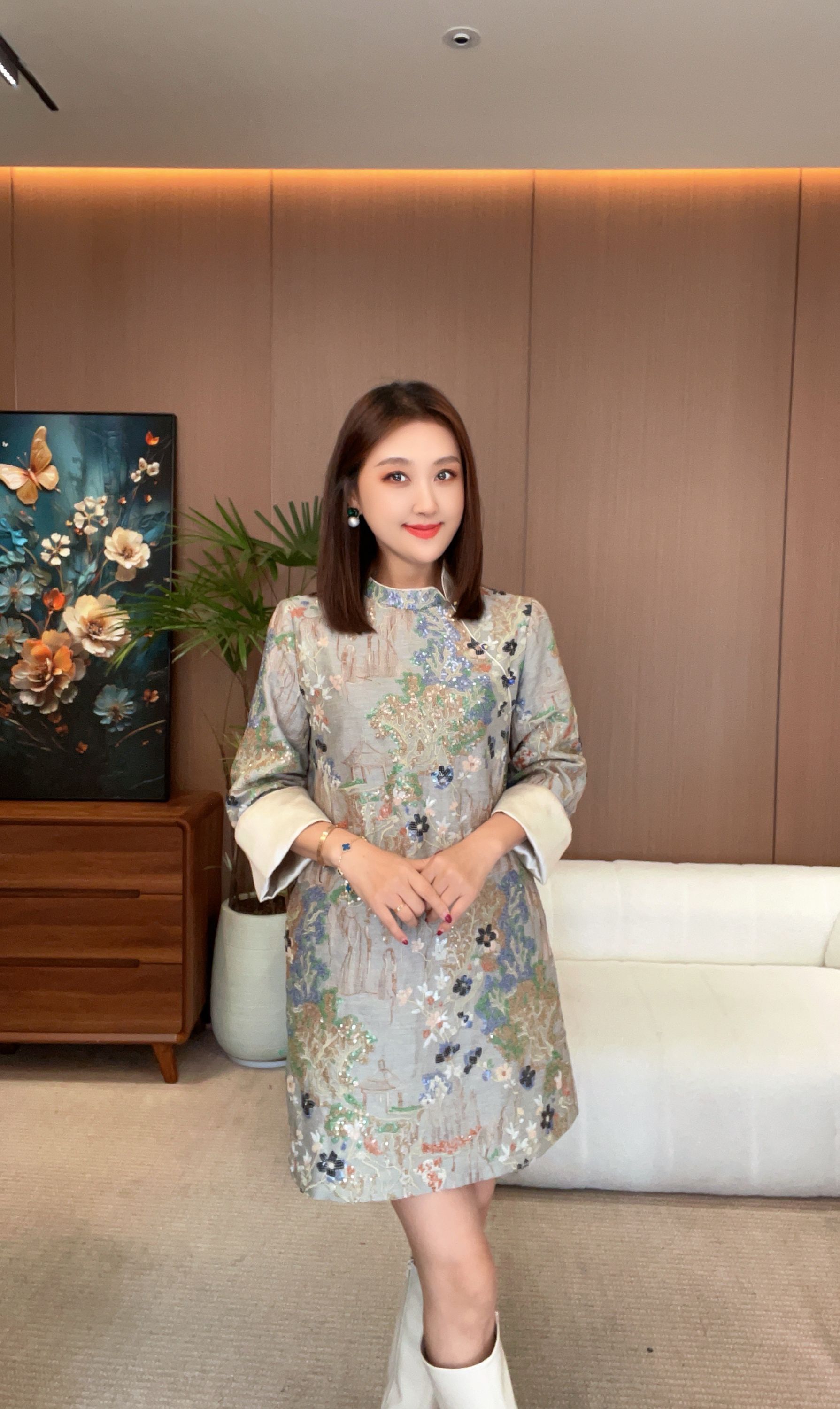 婷姐专属【挽袖兰亭序】连衣裙2025新款牛仔棉新中式重工刺绣亮片