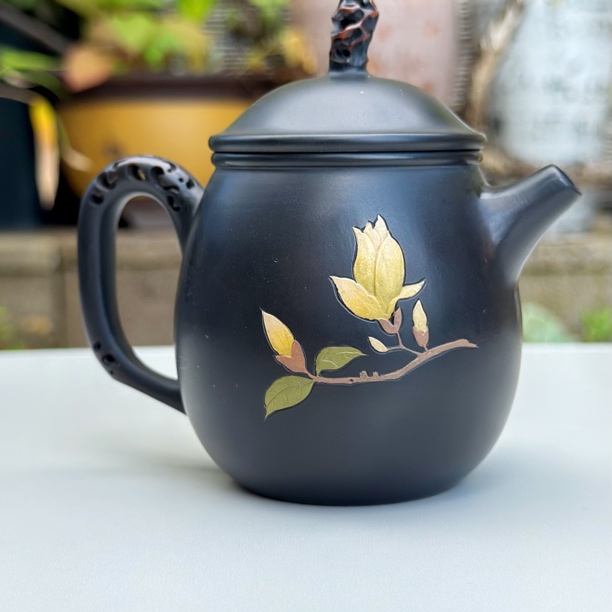 【陶点茶】建水紫陶太湖石壶钮刻填花镂空壶把重工球孔紫陶壶