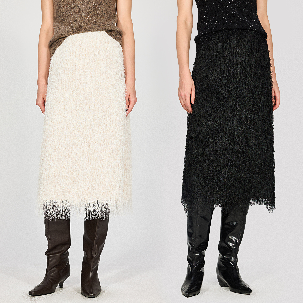 开间/秀场同款 进口提花轻盈流苏直身后开衩極简龙须酥半裙