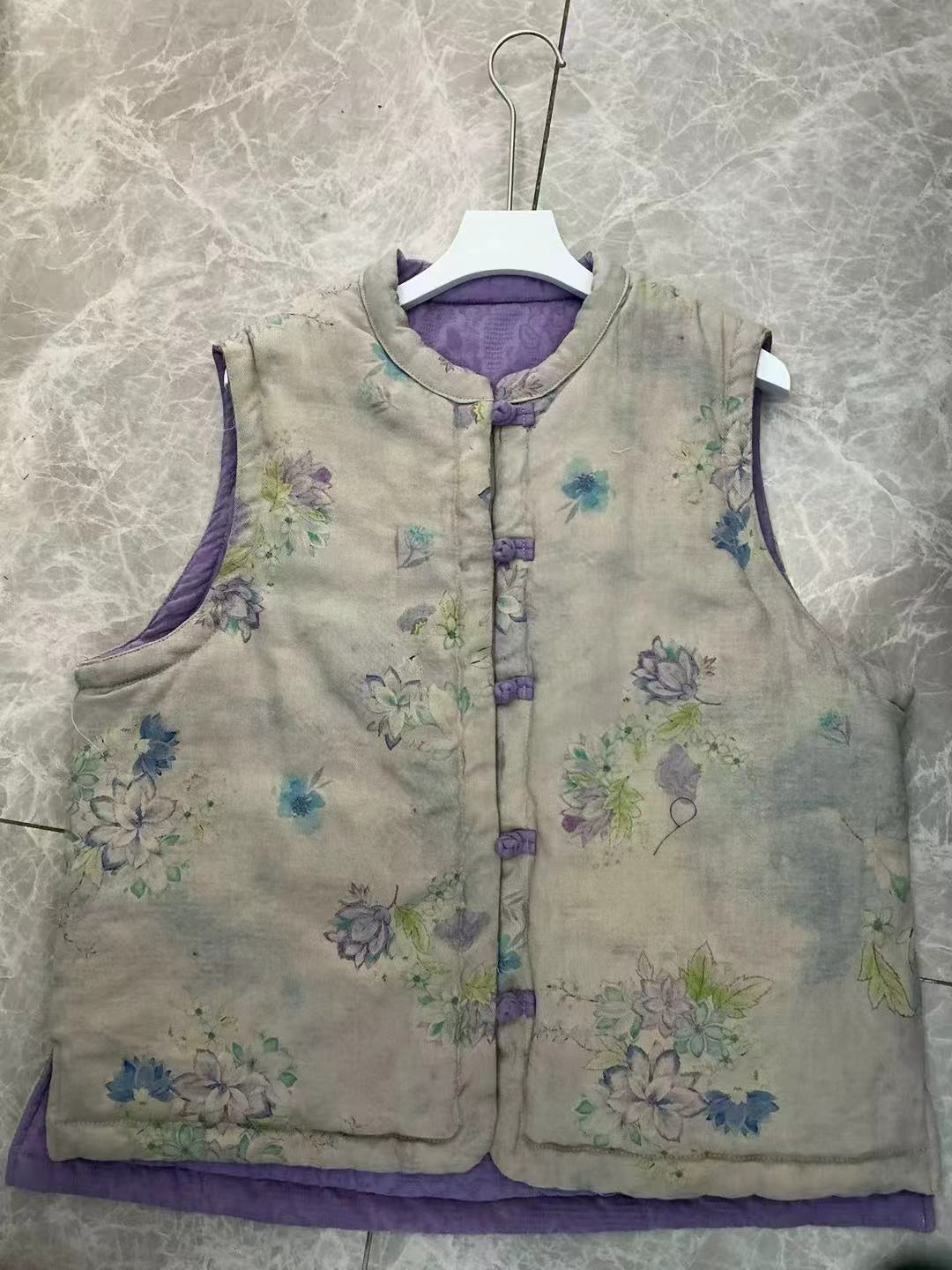 85146马夹女宽松型国风双面复古唐装印花常规冬季