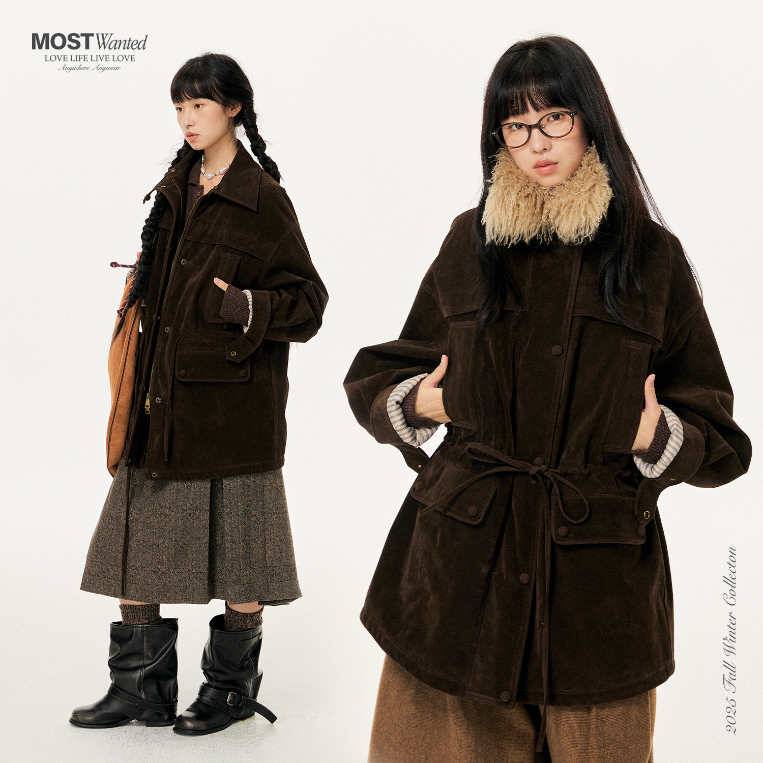 MostWanted可脱卸毛领麂皮中长款棉服夹克